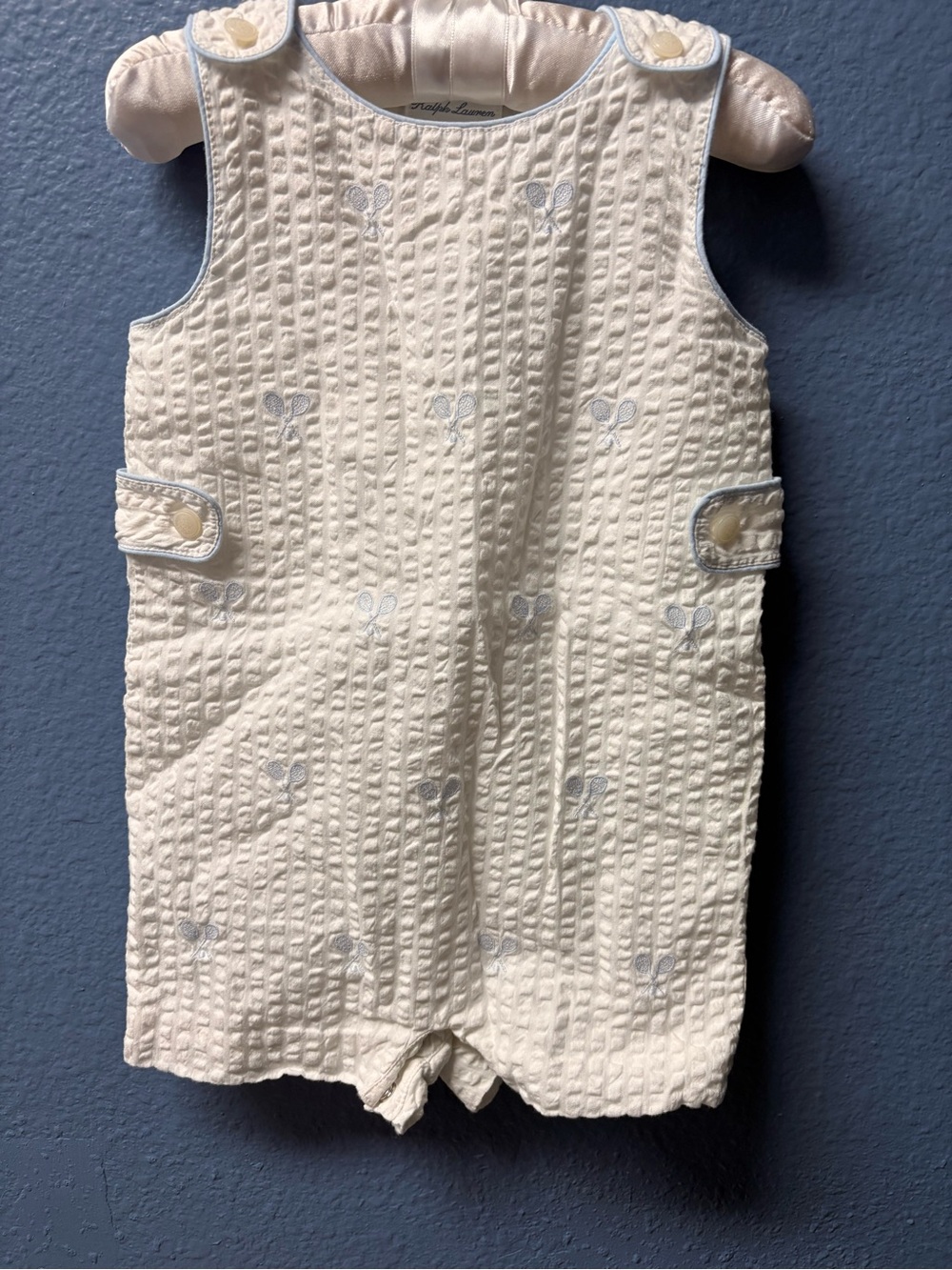 Ralph Lauren White Romper with Light Blue Tennis Rackets
